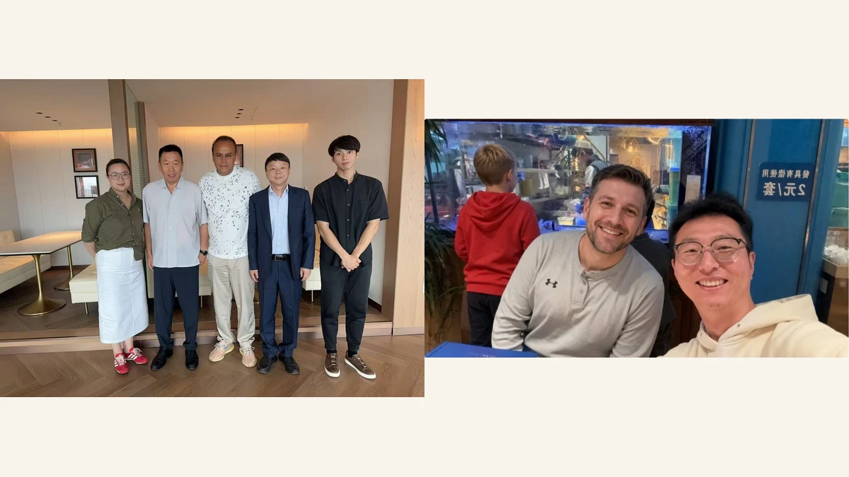 Two real work photographs: Zhang with a business group, and our local host with an overseas guest.